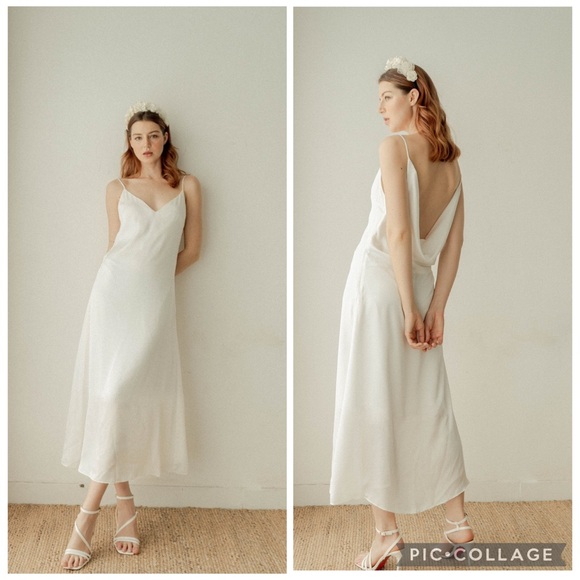 Noire Brand Britney Open Cowl Back Midi Slip Satin Dress Tea Length White Cream - Picture 1 of 16